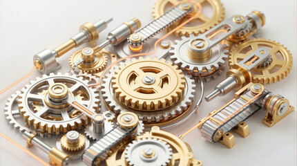 Golden and silver metal gears mechanism interlocking on white background, illustrating industrial engineering, precision automation, teamwork synergy and efficient mechanical workflow.