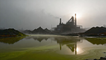 Industrial Landscape with Reflection and Fog Surrounding Factory at Sunrise