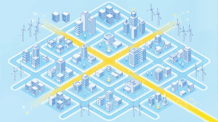 Isometric smart city illustration featuring renewable wind energy turbines, modern skyscrapers, and glowing digital network grid connections for future urban technology concepts.