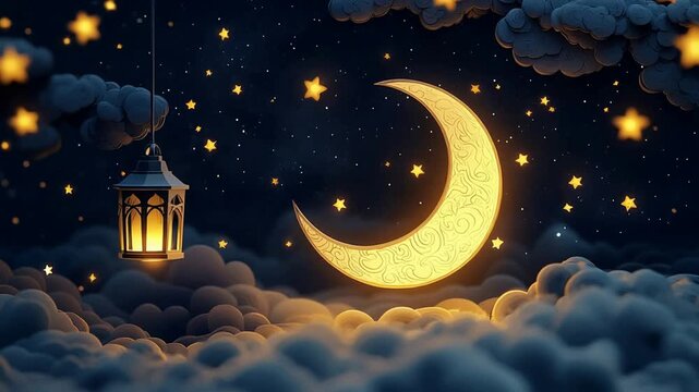 Ramadan Crescent Moon Lantern Floating on Clouds Night Sky with Stars