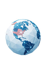 Low poly 3D Earth globe with USA flag map texture and digital network connection lines isolated on white background, concept for American business globalization and internet.