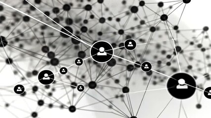 Close-up of an abstract digital network with interconnected nodes and user icons - Powered by Adobe