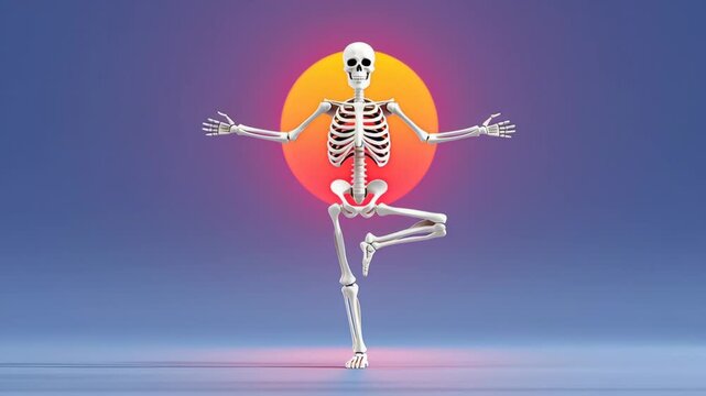 Skeleton performing a dynamic yoga pose with arms extended and one leg raised, showcasing balance and flexibility against a vibrant sunset backdrop in a stylized animation