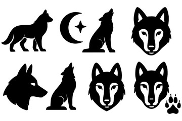set of Wolfs,
Wolf Silhouette Tattoo Logo Design Bundle Black and White