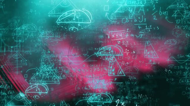 Red nebula drifting neon green symbols and formulas emerging and forming triangle for visualization