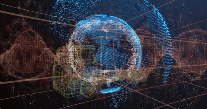 Wireframe truck emerging, rotating globe, forming waveform and data lines connecting truck to globe