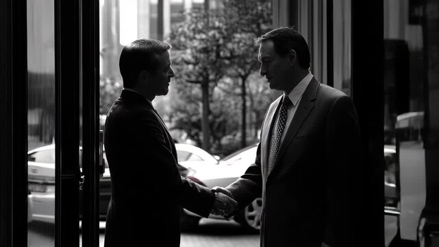 Business professionals engage in a handshake outside a modern building, symbolizing collaboration and partnership in an urban setting during daylight hours