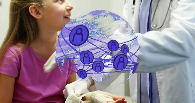 Doctor examining hurt hand on exam table donning gloves wrapping gauze with animated bandage