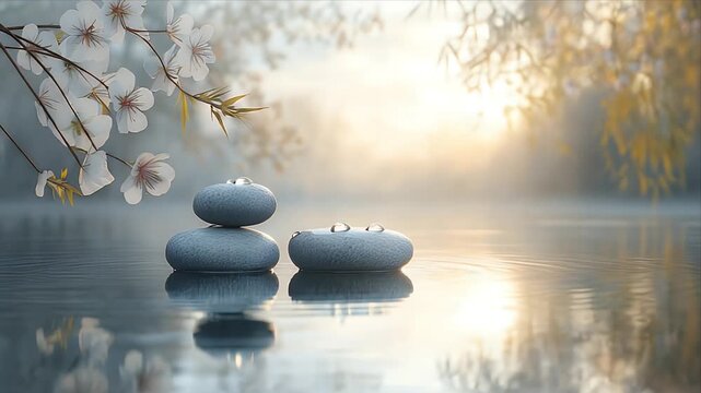 Three smooth stones float on calm water near blooming cherry branches. Warm early sunlight creates soft reflections and gentle haze. Ripples shimmer around the stones. The scene feels peaceful and poe
