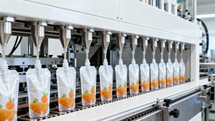 Automated Filling Machine for Pouches with Fruit Pieces on Production Line
