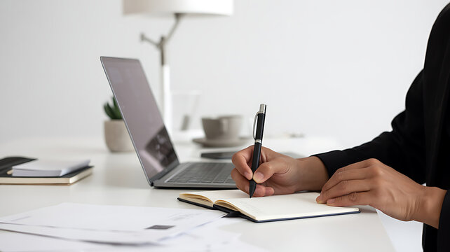 Person writing on notepad with pen at desk with laptop and coffee cup in background