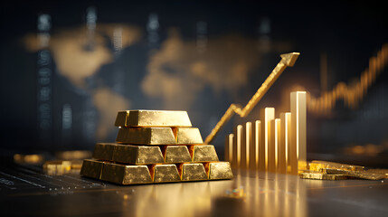 Gold bars stacking with digital stock market charts
