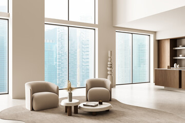 Modern minimalist interior with contemporary armchairs, sculptural decor, and city view through large windows in soft neutral tones. 3D Rendering