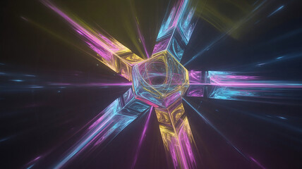 A geometric fractal shape expands outward into colorful light bursts symbolizing a futuristic countdown rendered as abstract digital art with dynamic motion luminous energy 