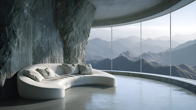 Minimalist living room carved into mountain with panoramic view - Powered by Adobe