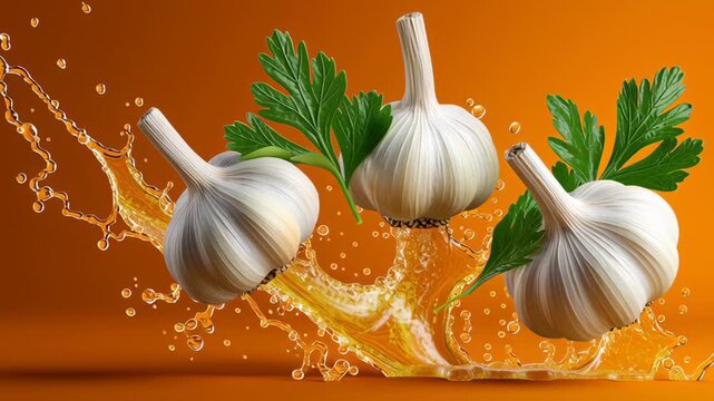 Fresh garlic bulbs and parsley leaves splashing in vibrant orange liquid, showcasing dynamic movement and vivid colors in a visually striking culinary scene with energetic action flow