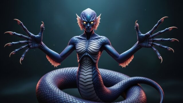 Mysterious blue scaled serpent creature with glowing eyes and clawed hands emerges