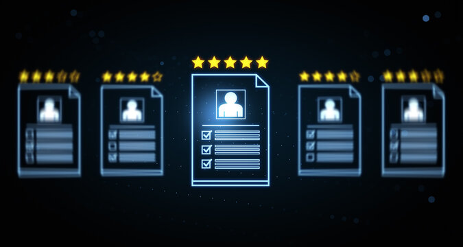 Digital concept of HR job search showing candidate resumes with star ratings on futuristic glowing background for vacancy review and feedback process. 3D Rendering