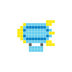 A flat pixel design made of geometric square color blocks on a clean icon layout. Pixel art zeppelin © Adpragus