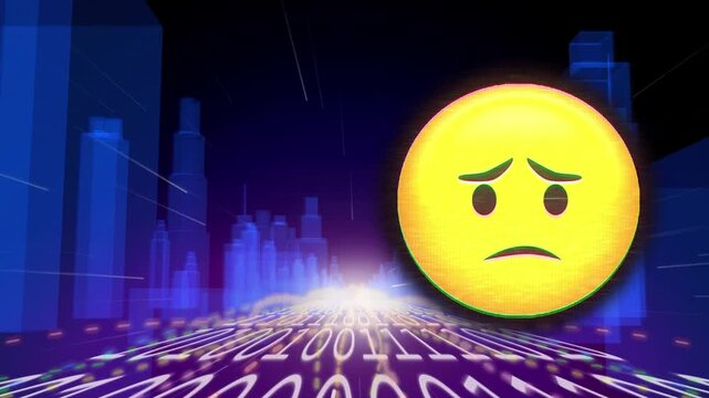 Animation of emoji icon and binary coding over digital city