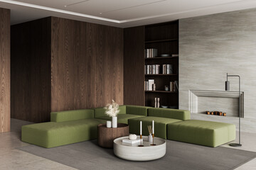 Naklejka premium Modern green modular sofa in cozy living room with wood panel walls, built-in shelves, and minimalist fireplace, soft lighting and neutral tones. 3D Rendering