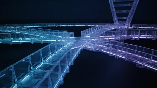 A futuristic transparent bridge stretches across a dark space with glowing blue lights underneath.