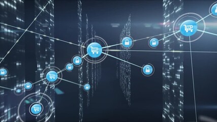 Animation of network of connections over server room - Powered by Adobe