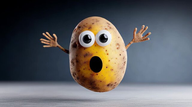 Animated potato character expressing surprise and joy with wide eyes and raised arms, showcasing playful emotions in a whimsical, cartoon-style setting with a smooth gradient background