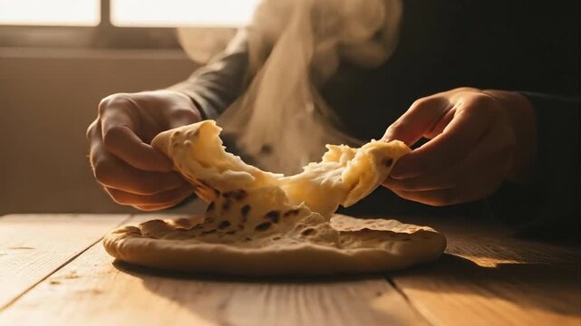 Stretching warm dough revealing melted cheese