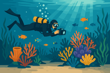 Seaweed bubbles sunlight underwater illustration discovery swimming photographing vector diver coral