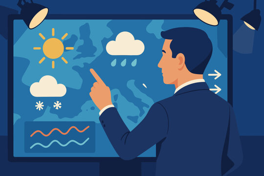 Weather presentation screen rain vector lighting cloud map studio showing illustration meteorologist