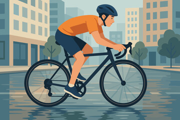 Fototapeta premium Adventure city street bicycle cycling head vector helmet pavement pedaling background urban