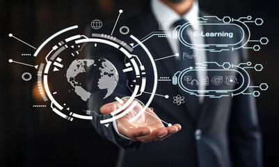 Businessman presenting digital concepts of e-learning opportunities with global connectivity and technological advancements in a modern setting