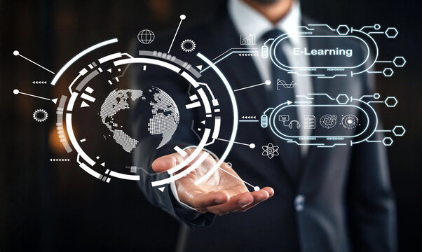 Businessman presenting digital concepts of e-learning opportunities with global connectivity and technological advancements in a modern setting - Powered by Adobe