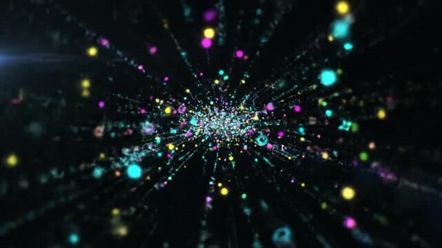 Abstract explosion of colorful geometric shapes and particles against black background, motion graphics for intro.