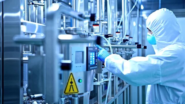 Cinematic 4K video pharmaceutical worker full clean room suit, inspecting a glowing bioreactor machine, sterile laboratory environment, stainless steel equipment, detailed close-ups of worker hands