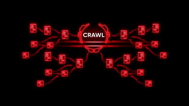 Web Crawling Concept with Red Neon Network Connections and Crawl Text on Black Background neon red data collection