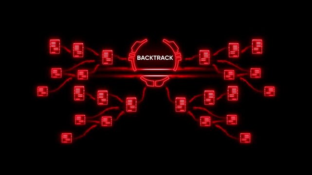Backtrack Concept Neon Red Glowing Documents Network Connection Data Flow Information Technology System
