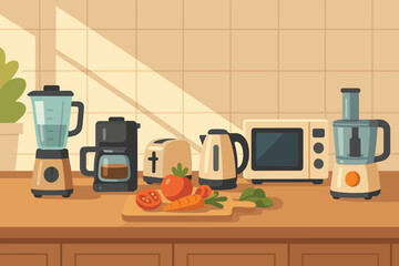 Obraz premium Display window fruits vector microwave processor board appliances from food kitchen illustration