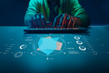 Data Analysis in Progress with Hands on Keyboard and Visual Graphs in a Dark Office Environment