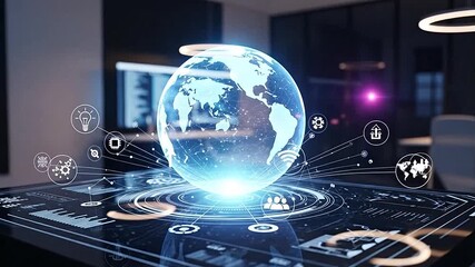 Futuristic digital dashboard displaying a glowing Earth globe with global data analytics and technology icons on a dark background. - Powered by Adobe