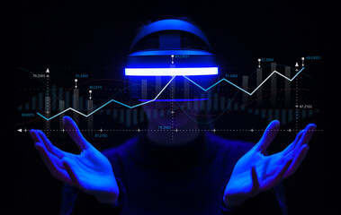 Futuristic person uses virtual reality headset while interacting with digital financial data and analytics in a dark environment for high-tech investment visualization