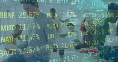 Animation of covid text over people using laptop and chain at meeting