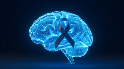 Abstract 3D Rendering of a Glowing Blue Brain with a Black Awareness Ribbon Overlaid, Symbolizing Brain Cancer or Neurological Disease Awareness