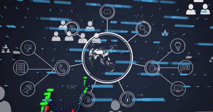 Animation of media icons over data processing