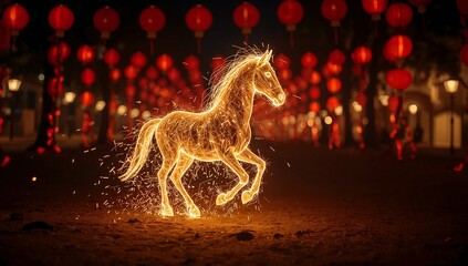 Golden wireframe horse galloping through Chinese red lanterns night – Year of the Horse magic 
