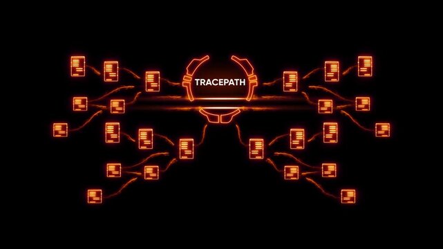T R A C E P A T H Neon Network Visualization with Glowing Orange Connections and Data Flow TRACEPATH