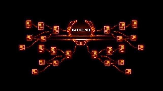 P A T H F I N D Concept Orange Neon Glowing Documents Network Connection Data Flow Visualization pathfind