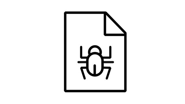 Bug on Document icon animation. Computer virus bug icon on document file representing malware infection and cybersecurity threats for digital safety.
