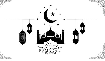 Ramadan Kareem hanging lanterns and mosque vector illustration © Md